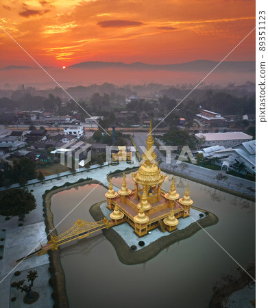 Aerial view of Wat Rong Khun, the white temple, at sunrise, in Chiang Rai, Thailand 89351123
