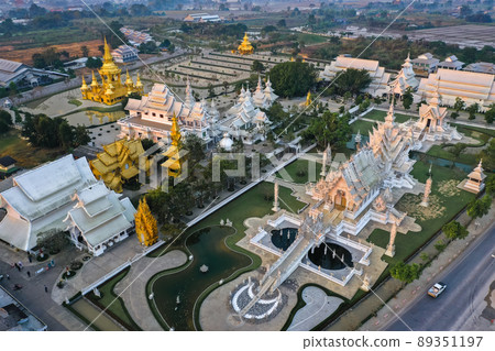Aerial view of Wat Rong Khun, the white temple, at sunrise, in Chiang Rai, Thailand 89351197