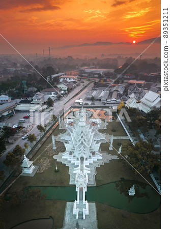 Aerial view of Wat Rong Khun, the white temple, at sunrise, in Chiang Rai, Thailand 89351211