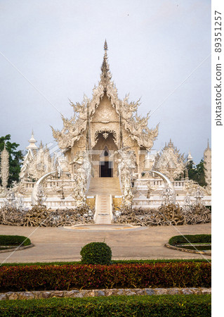 Aerial view of Wat Rong Khun, the white temple, at sunrise, in Chiang Rai, Thailand 89351257