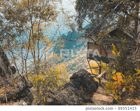 Aerial view of Wat Chaloem Phra Kiat Phrachomklao Rachanusorn, sky pagodas on top of mountain in 89351415