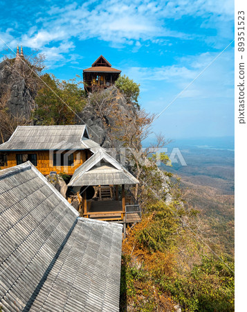 Aerial view of Wat Chaloem Phra Kiat Phrachomklao Rachanusorn, sky pagodas on top of mountain in 89351523