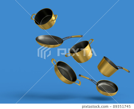 Set of flying stewpot, frying pan and chrome plated cookware on blue background Set of flying stewpot, frying pan and chrome plated cookware on blue background 89351745
