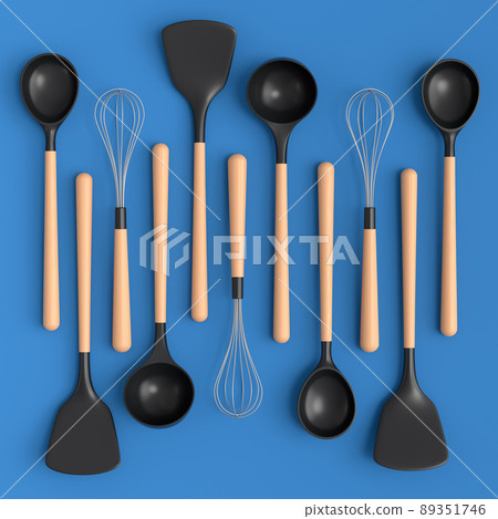 Wooden kitchen utensils, tools and equipment on blue background. Wooden kitchen utensils, tools and equipment on blue background. 89351746