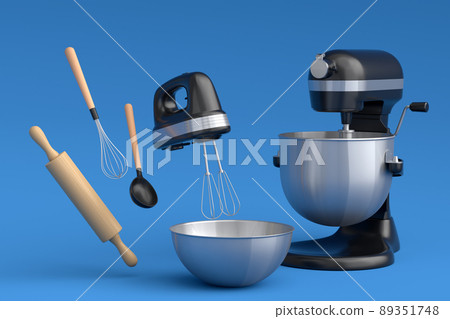 Mixer and bowl with kitchen utensil for preparation of dough on blue background Mixer and bowl with kitchen utensil for preparation of dough on blue background 89351748