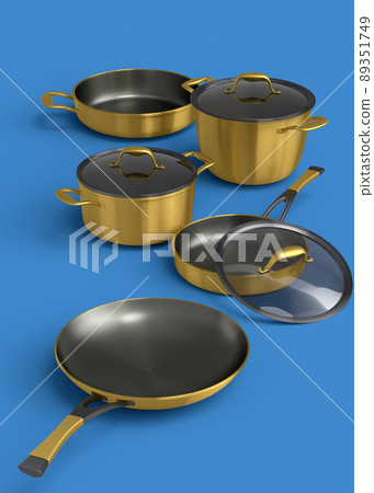 Set of stewpot, frying pan and chrome plated cookware on blue background Set of stewpot, frying pan and chrome plated cookware on blue background 89351749