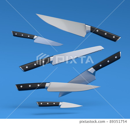 Set of fluing chef's kitchen knives with a wooden handle on blue background. Set of fluing chef's kitchen knives with a wooden handle on blue background. 89351754