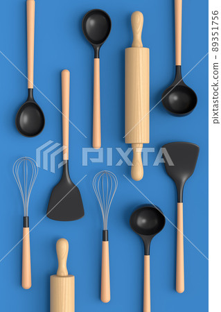 Wooden kitchen utensils, tools and equipment on blue background. 89351756