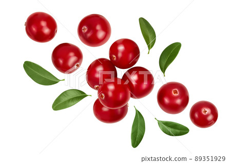 Cranberry with leaves isolated on white background with clipping path and full depth of field. Top view. Flat lay 89351929