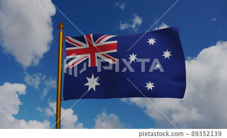 National flag of Australia waving 3D Render with flagpole and blue sky, Federation of Australia flag textile designed by Annie Dorrington, Ivor Evans, Lesley Hawkins, Egbert Nutall 89352139
