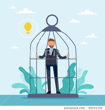 There is no way out for an idea. Invaluable potential. Creative crisis, sad man in cage, light bulb in bubble, problems with imagination, failure in work no inspiration, vector concept There is no way out for an idea. Invaluable potential. Creative crisis, sad man in cage, light bulb in bubble, problems with imagination, failure in work no inspiration, vector concept 89352195