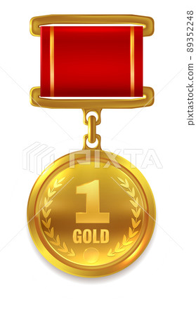 First place golden round badge on red ribbon 89352248