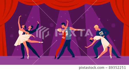 Dance contest. Sports pair dancing tournament, professional dancers characters on stage, group program, performing show. Different types dance latin, tango and waltz. Vector concept 89352251