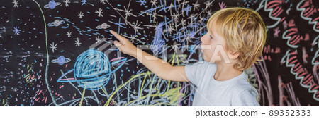 Little boy pointing space, planets and stars on the wall BANNER, LONG FORMAT Little boy pointing space, planets and stars on the wall BANNER, LONG FORMAT 89352333