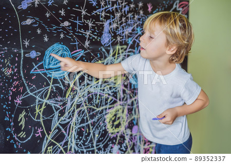 Little boy pointing space, planets and stars on the wall Little boy pointing space, planets and stars on the wall 89352337