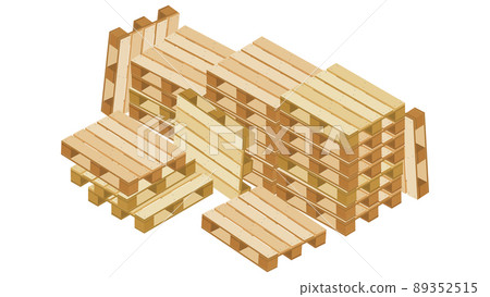 Large pile of isometric pallets in stacks and a lot around for packaging and transportation isolated on white background. 89352515