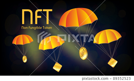 Free distribution of collectible NFT non fungible token with golden coins on parachutes on dark blue background. Free distribution of collectible NFT non fungible token with golden coins on parachutes on dark blue background. 89352523