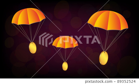 Airdrop concept few parachutes with coins on dark red background. Blank gold coin with place for logo or symbol. Airdrop concept few parachutes with coins on dark red background. Blank gold coin with place for logo or symbol. 89352524
