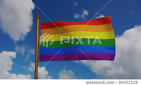 Rainbow flag LGBT waving 3D Render with flagpole and blue sky, gay pride or LGBT pride flag textile, Gayborhood Philly Pride Flag, Lesbian and gay rights 89352529
