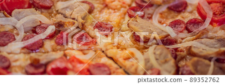 Appetizing background pepperoni pizza closeup filling the frame BANNER, LONG FORMAT 89352762