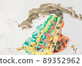 Erupting volcano, smoke and lava. Multi-colored children drawing 89352962