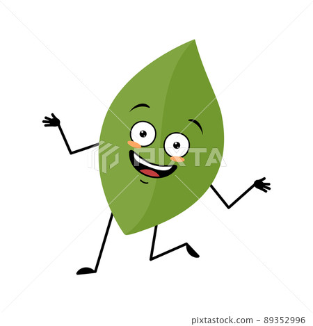 Leaf character with crazy happy emotion, joyful face, smile eyes, dancing arms and legs. Person with funny expression, green plant emoticon. Vector flat illustration Leaf character with crazy happy emotion, joyful face, smile eyes, dancing arms and legs. Person with funny expression, green plant emoticon. Vector flat illustration 89352996