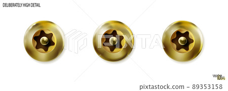 High detalied gold tamper resistant torx bolts head. Set, isolated. Photoreal. Vector. High detalied gold tamper resistant torx bolts head. Set, isolated. Photoreal. Vector. 89353158