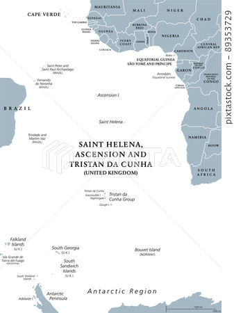 South Atlantic Islands gray political map. Islands and archipelagos between Africa and Brazil, Cape Verde and Antarctic Region. British Overseas Territory Saint Helena, Ascension and Tristan da Cunha. 89353729