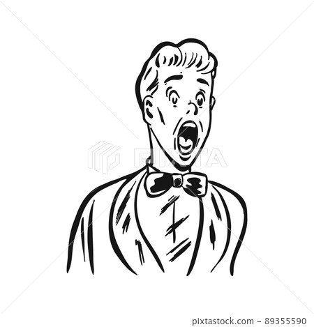 Wow pop art male face. Surprised happy young man in suit, bow tie and glasses with open mouth rises hands screaming announcement. Vector illustration in retro comic style. Party invitation poster. 89355590