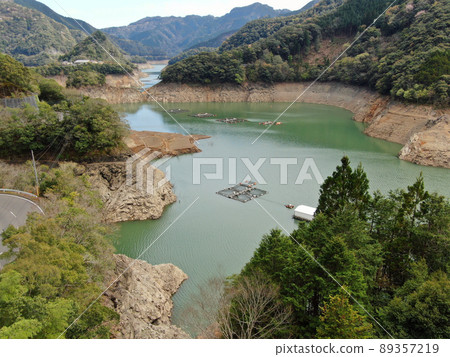 Aerial view of the intricate lakeside of Lake Yonera in Saito 89357219
