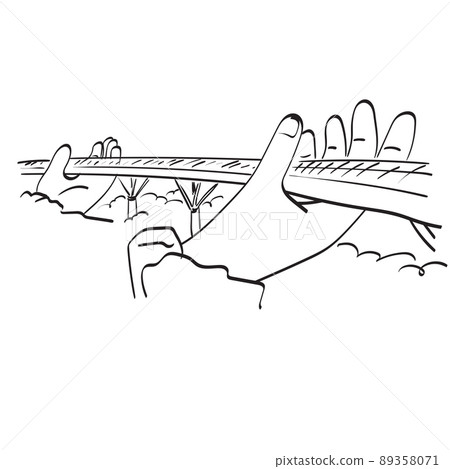 Golden Hand Bridge Danang Vietnam illustration vector hand drawn isolated on white background line art. 89358071