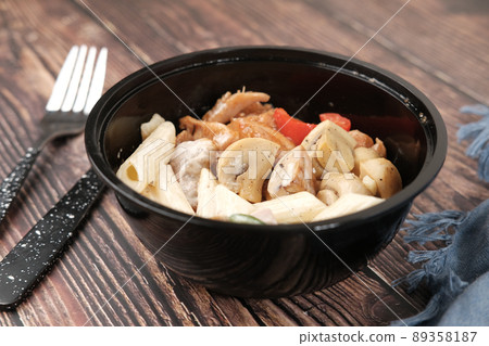 homemade cooked chicken mushroom pasta in a bowl homemade cooked chicken mushroom pasta in a bowl 89358187