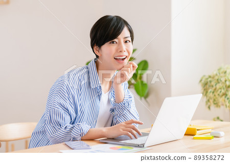 一名年輕女子在客廳里遠程辦公 一名年輕女子在客廳里遠程辦公 89358272