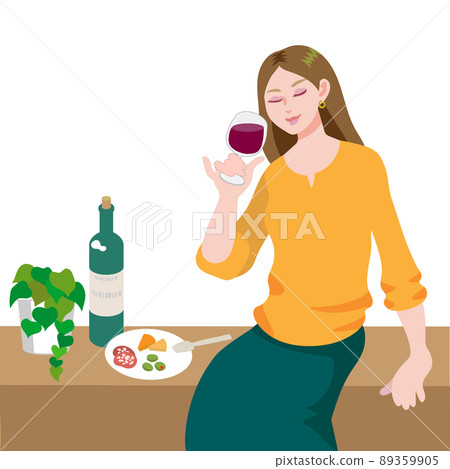Young woman drinking wine on the bench 89359905