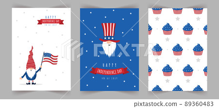 Set of Independence day celebration greeting cards. Patriotic american gnome. National freedom day. Vector illustration in cartoon style. Cute holiday backgrounds with festive 4 of july elements Set of Independence day celebration greeting cards. Patriotic american gnome. National freedom day. Vector illustration in cartoon style. Cute holiday backgrounds with festive 4 of july elements 89360483