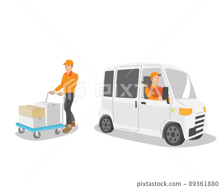 男子用手推車和送貨車運送包裹 89361880
