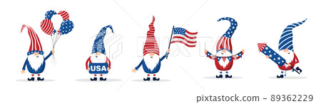 Patriotic american gnomes celebrate Independence day in the United States. Set of cute scandinavian elves with firework, balloons and flag. Happy 4th of july. Vector illustration in cartoon style 89362229