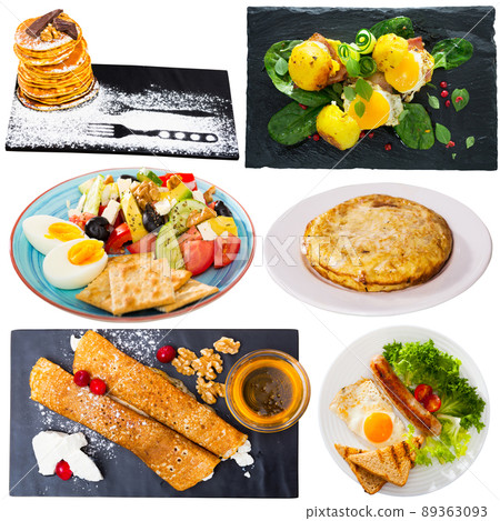 View of many plates with different food over white background View of many plates with different food over white background 89363093