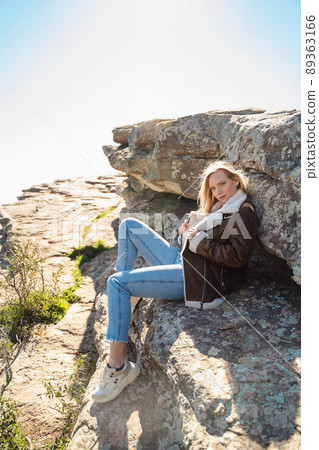 girl on the rocky mountain Garbi in Spain girl on the rocky mountain Garbi in Spain 89363166