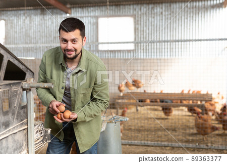 Man farmer with basket taking chickens eggs at chicken-house closeup 89363377