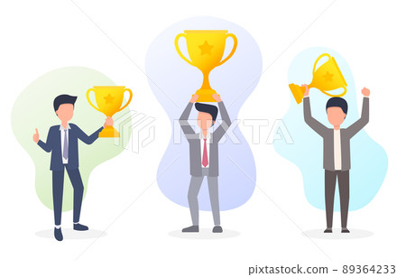 Isolated collection set of businessmen happily holding trophies Isolated collection set of businessmen happily holding trophies 89364233