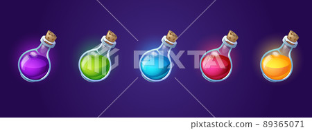 Potion bottles with magic elixir, cartoon flasks Potion bottles with magic elixir, cartoon flasks 89365071