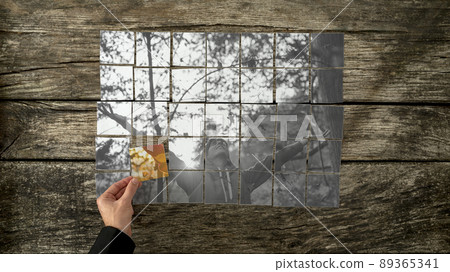 Greyscale image assembled of individual cards of young woman with her arms spread wide standing in a forest Greyscale image assembled of individual cards of young woman with her arms spread wide standing in a forest 89365341