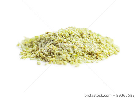 Ground green coffee. Unroasted coffee isolated on white background. Ground green coffee. Unroasted coffee isolated on white background. 89365582