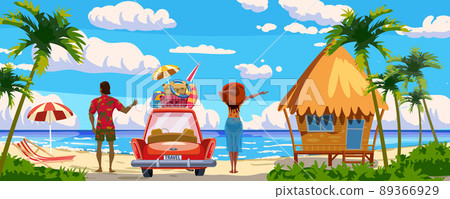 Couple on Vacation, red car with luggage bags, surfboard on the beach. Hut, bungalow, tropical seachore, palms, sea, ocean, back view. Vector illustration retro cartoon 89366929