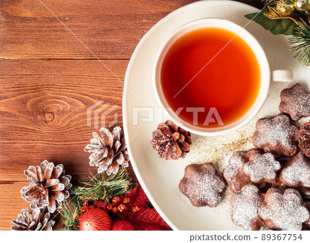 Christmas or new year card. Winter holiday composition, side view, selective focus Christmas or new year card. Winter holiday composition, side view, selective focus 89367754