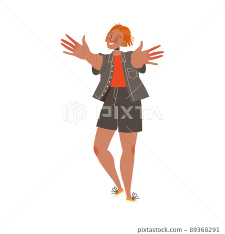 Woman Character with Outstretched Arms and Open Palm Showing Hand Gesture Expressing Emotion with Body Language Vector Illustration 89368291