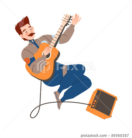 Mustached Man Astronaut Character in Space Flying in the Air Playing Guitar Vector Illustration 89368387