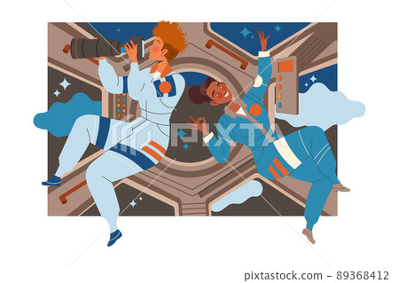 Man and Woman Astronaut Character in Outer Space in Spacesuit Flying on Space Shuttle Vector Illustration 89368412