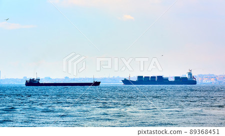 Fully loaded container ship and Oil tanker moving through Bosphorus. Fully loaded container ship and Oil tanker moving through Bosphorus. 89368451